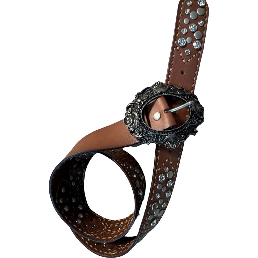 Miss Me Brown Genuine Leather Rhinestone Studded Western Belt Big Buckle (BL4W08